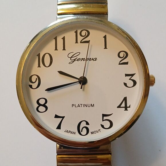 Geneva Platinum Women White Large Round Dial Two-Tone Bracelet Watch Japan Movt - Picture 2 of 13